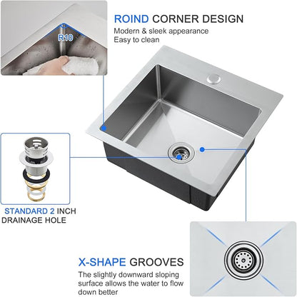 15"x15" Drop-In Single Bowl Bar Sink T-304 Stainless Steel 1-Hole | 15 inch Drop-in Sink | T-304 SS Square Sink| 1 Faucet Hole | 2" Drain Hole | Handmade | Camper/Boat/Small Kitchen