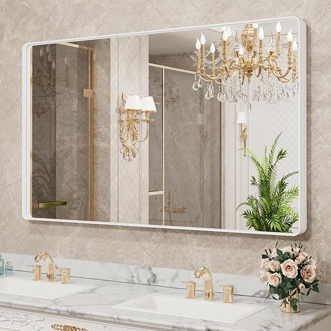 LOAAO White Metal Framed Bathroom Mirror, 60x40 Inch | Rounded Rectangle, Anti-Rust, Tempered Glass, Hangs Horizontally or Vertically