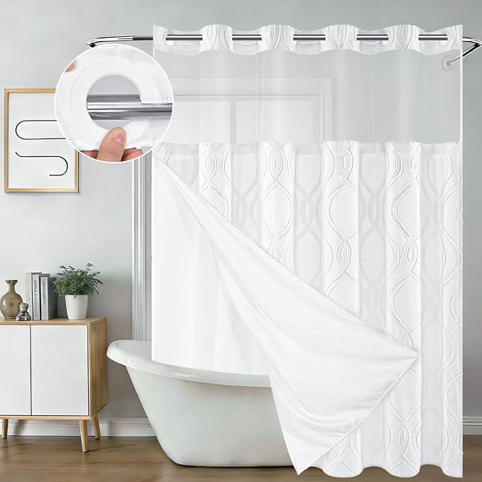 Yinhua No Hook Shower Curtain with Snap in Liner Set, 71" W×74" L, White | Hotel Style with See Through Top Window, Washable Waterproof, Tufted Textured, Hookless Curtain for Bathroom Bathtub