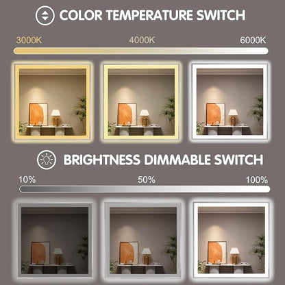 36x36 Inch LED Bathroom Mirror with Silver Frame | Silver Metal Frame, Front and Backlit, 3 Colors, Dimmable, Memory, Anti Fog, Tempered Glass, Lighted Mirror for Wall