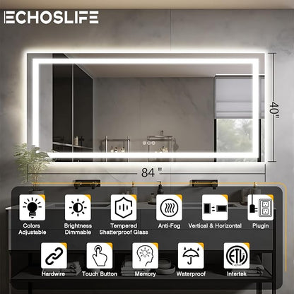 EchosLife Large 84"x40" Light up Bathroom Mirror | Backlit + Front Lit, Anti-Fog, Stepless Dimmable, 3 Colors, Memory, Tempered Glass, UL Listed, Horizontal/Vertical