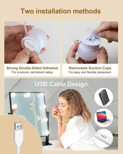 10 Bulbs LED Vanity Lights for Mirror, 3000K 4000K 6500K & 10-Brightness, Wire Length Adjustable, USB Cable, Hollywood Mirror Lights for Makeup Dressing Room Bathroom, White