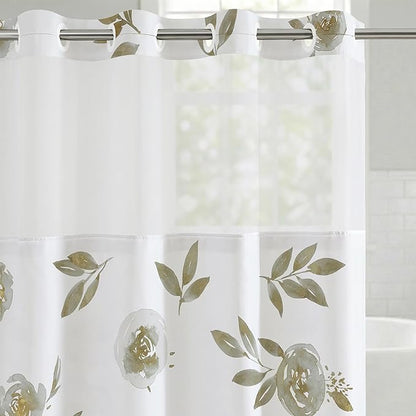 Americanflat 72x75 Hookless Shower Curtain - Water-Resistant Floral Shower Curtain with Sheer Panel, Snap-In Liner, and Grommets - 100% Polyester - Botanical Bathroom Curtains - Silver, White and Gold