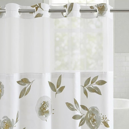 Americanflat 72x75 Hookless Shower Curtain - Water-Resistant Floral Shower Curtain with Sheer Panel, Snap-In Liner, and Grommets - 100% Polyester - Botanical Bathroom Curtains - Silver, White and Gold