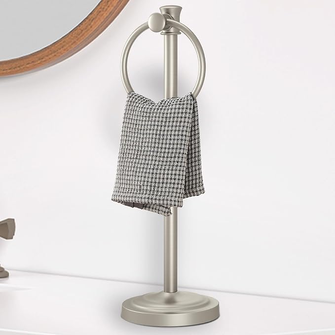 Hoimpro Hand Towel Holder Free Standing Towel Bar Brushed Nickel | Hanging Floor Hand Towel Rack Ring, for Bathroom Kitchen Vanity Countertops, Hardware Accessories SUS 304 Heavy-Duty Base
