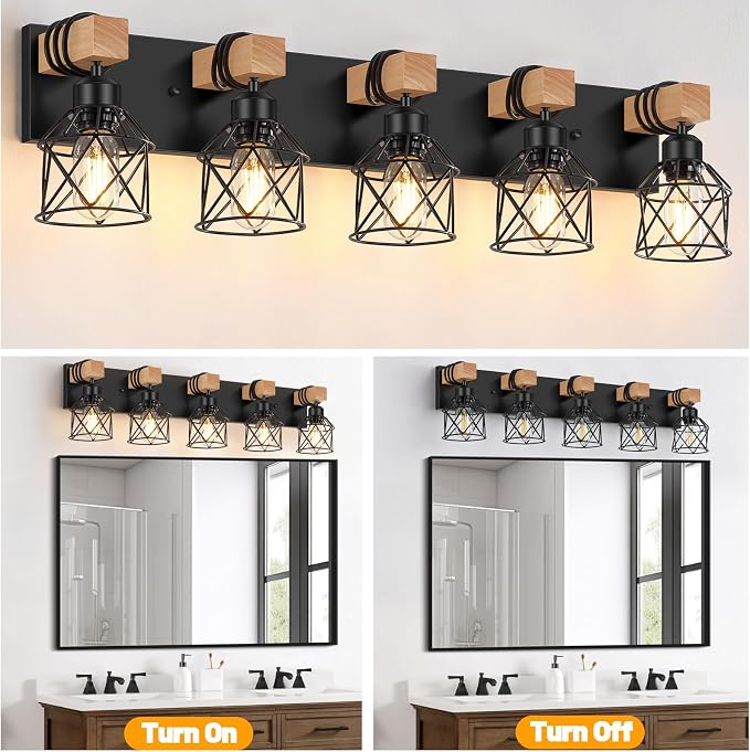 FadimiKoo 5-Light Black Bathroom Light Fixtures, Vanity Lighting Fixtures | Rustic Wood & Black Metal Shade, Wood Bathroom Lighting Fixtures Over Mirror, Wall Sconces for Bathroom Bedroom Living Room