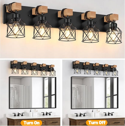 FadimiKoo 5-Light Black Bathroom Light Fixtures, Vanity Lighting Fixtures | Rustic Wood & Black Metal Shade, Wood Bathroom Lighting Fixtures Over Mirror, Wall Sconces for Bathroom Bedroom Living Room