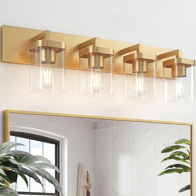 Bathroom Lighting Fixtures Over Mirror, Square Design & Rectangle Large Backplate, 4 Lights Modern Vanity Lighting Fixtures, Bathroom Light Fixtures for Bathroom/Living Room/Bedroom, Gold