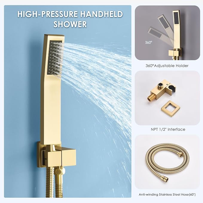 Dual Rainfall Shower Head System, Push Button Shower Faucet Set with 12" Ceiling Mount Rain shower head and 6" Wall Mount Shower Head, Pressure Balance Rough-in Valve (Brushed Gold)