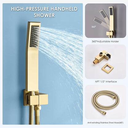 Dual Rainfall Shower Head System, Push Button Shower Faucet Set with 12" Ceiling Mount Rain shower head and 6" Wall Mount Shower Head, Pressure Balance Rough-in Valve (Brushed Gold)