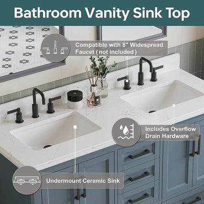 60 Inch Bathroom Vanity Double Sink, Fully Assembled Solid Wood Frame Double Sink Bathroom Vanity with Soft Closing Doors & Full Extension Dovetail Drawers, Quartz Top, Steel Blue