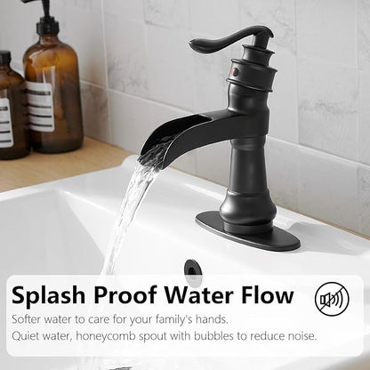 Matte Black Bathroom Faucet Waterfall Single Hole Bathroom Sink Faucet | Brass Single Handle Farmhouse RV Lavatory Vanity Faucet with Overflow Pop Up Drain by BATHLAVISH