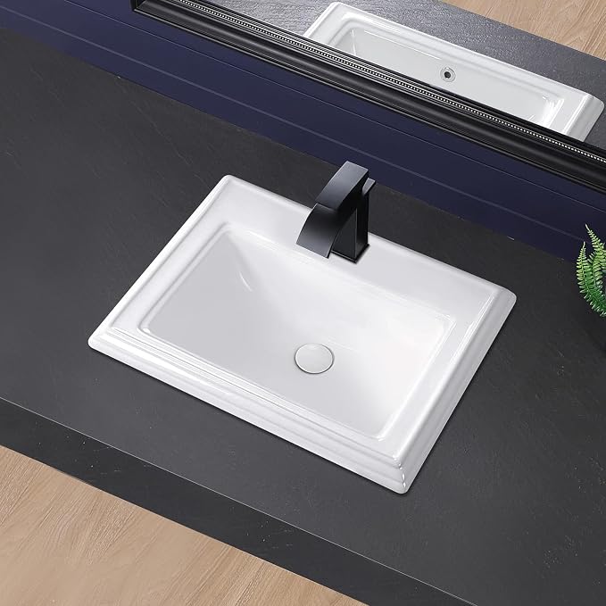 Semi Recessed Bathroom Sink 23"x18" Drop In Vessel Sink with Faucet Hole White Porcelain Ceramic Modern Rectangular Sinks Basin Vanity Sinks with Overflow for Bathrooms