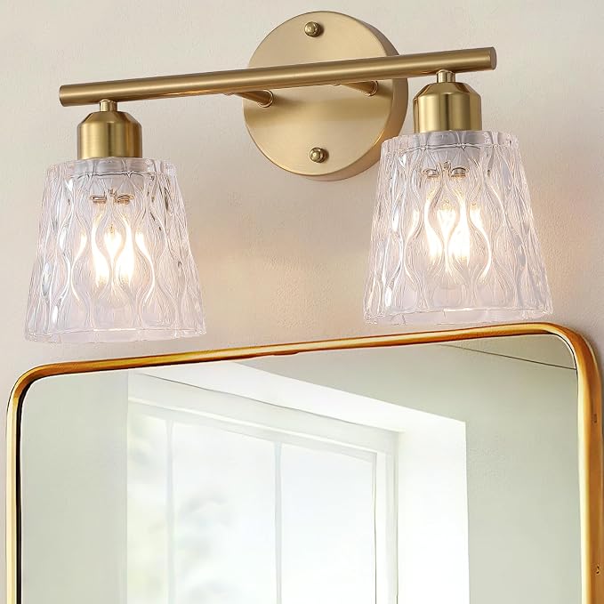 Brushed Gold Bathroom Vanity Light Over Mirror, 2-Light Stainless Steel Wall Mount Fixture with Textured Glass Shades, Modern Vanity Lighting, E26 Sockets (Bulbs Not Included)