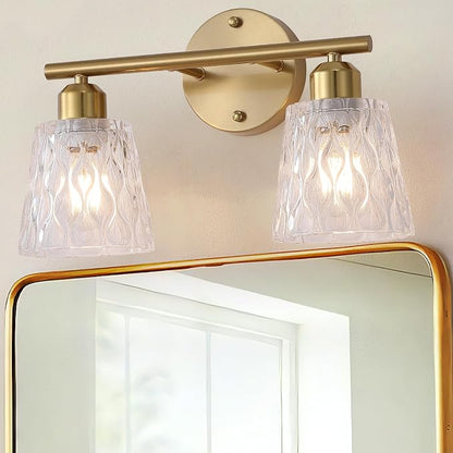 Brushed Gold Bathroom Vanity Light Over Mirror, 2-Light Stainless Steel Wall Mount Fixture with Textured Glass Shades, Modern Vanity Lighting, E26 Sockets (Bulbs Not Included)