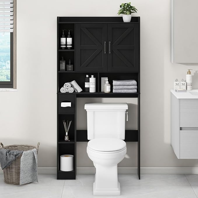 Vabches Over The Toilet Storage Cabinet with 2 Barn Doors, Black | Farmhouse Storage Cabinet with Toilet Paper Holder Stand，Home Space-Saving Toilet Rack, for Bathroom, Restroom, Laundry