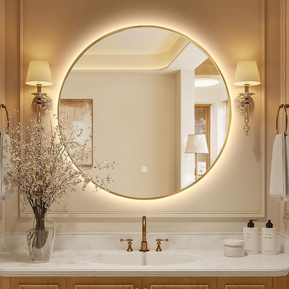 Niccy Round LED Bathroom Mirrors, Gold Framed Backlit Vanity Mirror, 40" | LED Smart Circle Mirror with 3 Color Lighting, Anti-Fog Lighted, IP65 Waterproof, Wall Mounted Bathroom Vanity