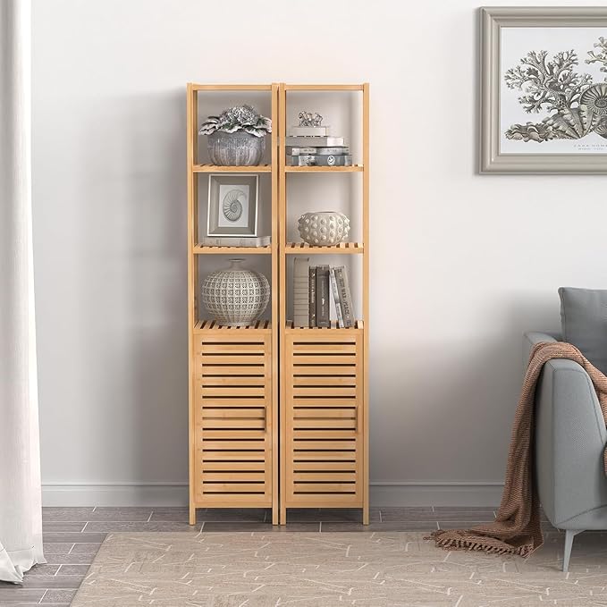 67" Tall Bathroom Cabinet，Linen Tower Cabinet with Single Door and 3 Tier Shelves，Bamboo Freestanding Cabinets Storage Organizer for Living Room, Bedroom, Kitchen