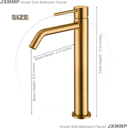 Brushed Brass Vessel Sink Faucet with Pop Up Drain and Supply Lines, Stainless Steel Brass Tall Bathroom Faucet Single Hole, JXMMP Gold Bathroom Faucet for Bowl Sink 1 Hole, JXM1001BTG