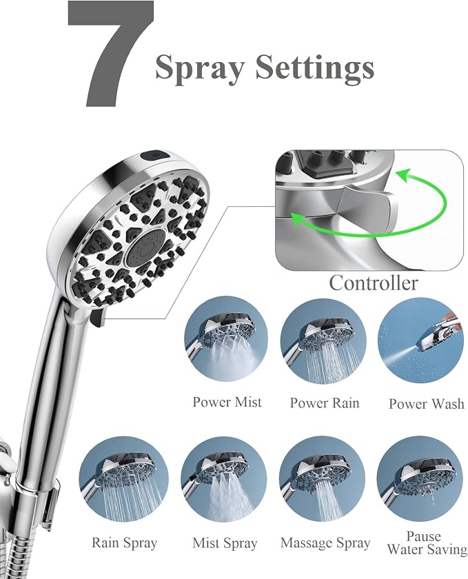 BOWGER Shower Head with Handheld High Pressure Multi-Function 7 modes, Built-in Power Wash to Clear Tub, Tile & Pets, 5” High Flow Hand Held Rain Showerhead with Extra Long Hose and Adjustable Bracket