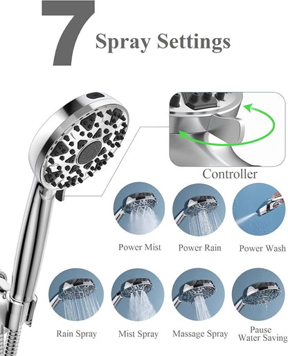 BOWGER Shower Head with Handheld High Pressure Multi-Function 7 modes, Built-in Power Wash to Clear Tub, Tile & Pets, 5” High Flow Hand Held Rain Showerhead with Extra Long Hose and Adjustable Bracket