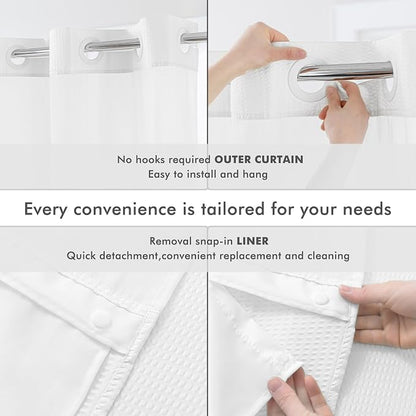 No Hook Extra Long Shower Curtain with Snap Liner 71x86, White | Embossed Waffle-Look Textured, Sheer Window Hotel Style, Soft & Washable, 71 x 86 Xlong Fabric Shower Curtain for Bathroom