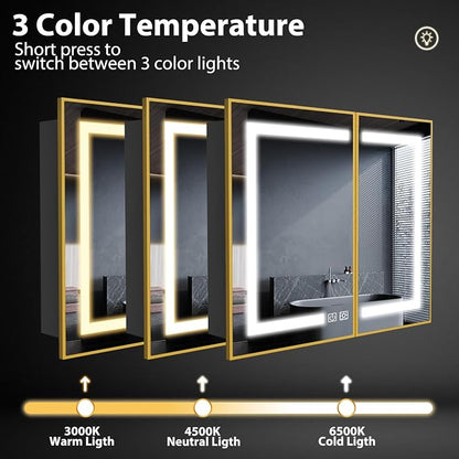 ROOMTEC 36 x 30 Inch Medicine Cabinet Mirror with LED Lights, Gold Bathroom Medicine Cabinet with Mirror and Storage, Recessed or Wall Mount, 3 Color Temperature, Dimmable Light