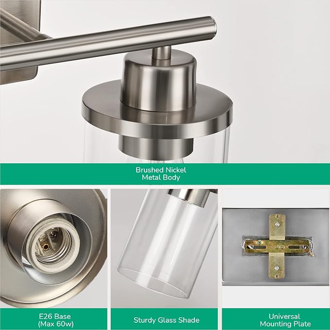 EDISHINE 2-Light Brushed Nickel Bathroom Vanity Light, Modern Wall Sconces | E26 Base, Modern & Elegant Design for Bathroom, Powder Room, Bedroom, Kitchen