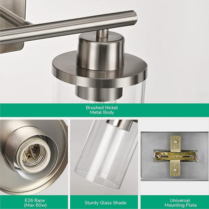 EDISHINE 2-Light Brushed Nickel Bathroom Vanity Light, Modern Wall Sconces | E26 Base, Modern & Elegant Design for Bathroom, Powder Room, Bedroom, Kitchen