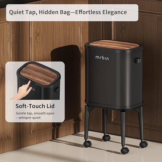 MRBIN Metal Slim Bathroom Trash Can with Legs and Wheels, 15L / 4gal Toilet Walnut Effect Press Lid Waste Basket, Covered Office Garbage Pail for Near Desk, Narrow Vanity, Rvs, Kitchen, Black
