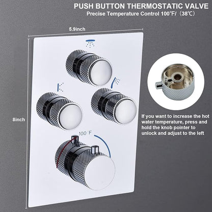 Rain Shower System,12 Inch Wall Mounted Rain Shower Head with Body Jets and Handheld Shower, Push Button Thermostatic Shower Faucet Set, Can Use all Options at a Time, Polished chrome