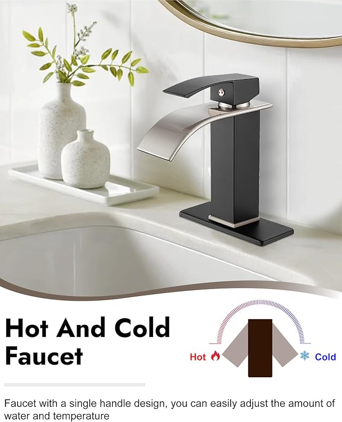 Midanya Bathroom Faucet with Waterfall Spout, Single Hole or 3-Hole Deck Mount, 304 Stainless Steel Sink Faucet with Pop-Up Drain, RV Vanity Compatible,Brushed Nickel Spout/Matte Black