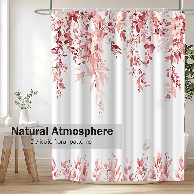 Pink Floral Eucalyptus Shower Curtain with Hooks, 72x78 Inch | Waterproof Fabric, Watercolor Leaves and Floral, Botanical Style, Machine Washable, Quick-Drying, for Hotel Bathroom