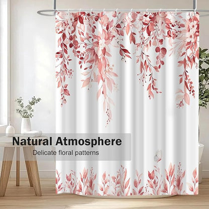 Pink Floral Eucalyptus Shower Curtain with Hooks, 72x78 Inch | Waterproof Fabric, Watercolor Leaves and Floral, Botanical Style, Machine Washable, Quick-Drying, for Hotel Bathroom