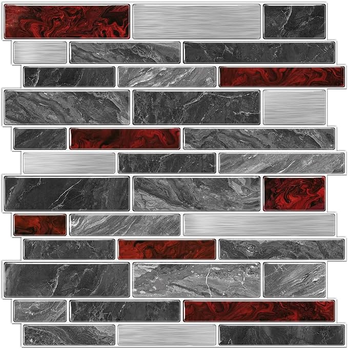Alwayspon 10 Sheets 12" x12inch Black and Red Marble Effect Vinyl Tiles, Backsplash, Self-Adhesive Peel and Stick Wall Tile Stickers, Stick on Subway Tiles for Kitchen Bathroom Wall Decor
