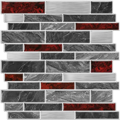 Alwayspon 10 Sheets 12" x12inch Black and Red Marble Effect Vinyl Tiles, Backsplash, Self-Adhesive Peel and Stick Wall Tile Stickers, Stick on Subway Tiles for Kitchen Bathroom Wall Decor