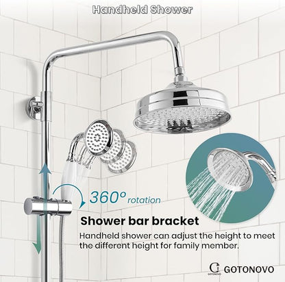 gotonovo Luxury Exposed Shower Faucet Set Bathroom Shower System 8 Inch Wall Mount Rainfall Shower Head with Handheld Spray Cross Double Handle Shower Fixture Adjustable Straight Rod Polish Chrome