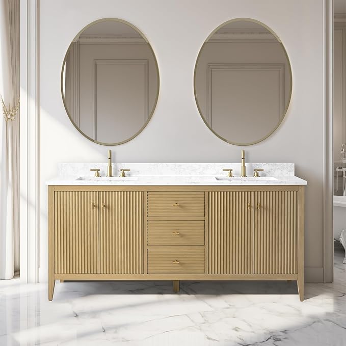 Vanity Art 72 inch Bathroom Vanity with Double Sink & Ceramic Top, Vanity Cabinet with Soft-Closing Door, Solid Wood Frame, Linear Pattern, Natural Oak, Golden Brushed Handware VA9172-DNO-GB