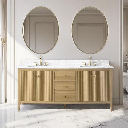 Vanity Art 72 inch Bathroom Vanity with Double Sink & Ceramic Top, Vanity Cabinet with Soft-Closing Door, Solid Wood Frame, Linear Pattern, Natural Oak, Golden Brushed Handware VA9172-DNO-GB