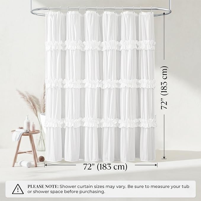 LIPA Boho Rustic White Ruffle Shower Curtain 72x72 Inches | Farmhouse Shower Curtains for Bathroom,Water‑Resistant Fabric Shower Curtain,Bohemian Bathroom Decor