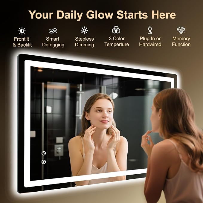 LED Bathroom Mirror, 45"x30" Bathroom Vanity Mirror with Lights | Smart Anti-Fog, Dimmable, 3 Color Modes, Backlit+Front Lit, Memory Function, HD Tempered Glass,Horizontal/Vertical,ETL Listed