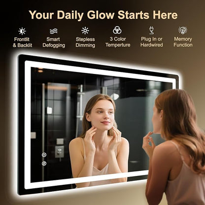 LED Bathroom Mirror, 45"x30" Bathroom Vanity Mirror with Lights | Smart Anti-Fog, Dimmable, 3 Color Modes, Backlit+Front Lit, Memory Function, HD Tempered Glass,Horizontal/Vertical,ETL Listed