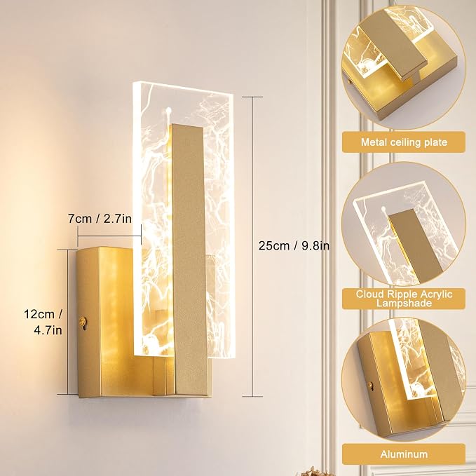 Modern Wall Sconces Set of Two, Hardwired Gold Wall Light Lighting, 3000K Warm White Acrylic Shade Wall Light Fixture, Indoor Wall Mounted Lamp for Hallway Bedroom Corridor Stairs Bathroom