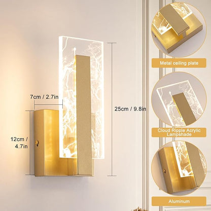 Modern Wall Sconces Set of Two, Hardwired Gold Wall Light Lighting, 3000K Warm White Acrylic Shade Wall Light Fixture, Indoor Wall Mounted Lamp for Hallway Bedroom Corridor Stairs Bathroom