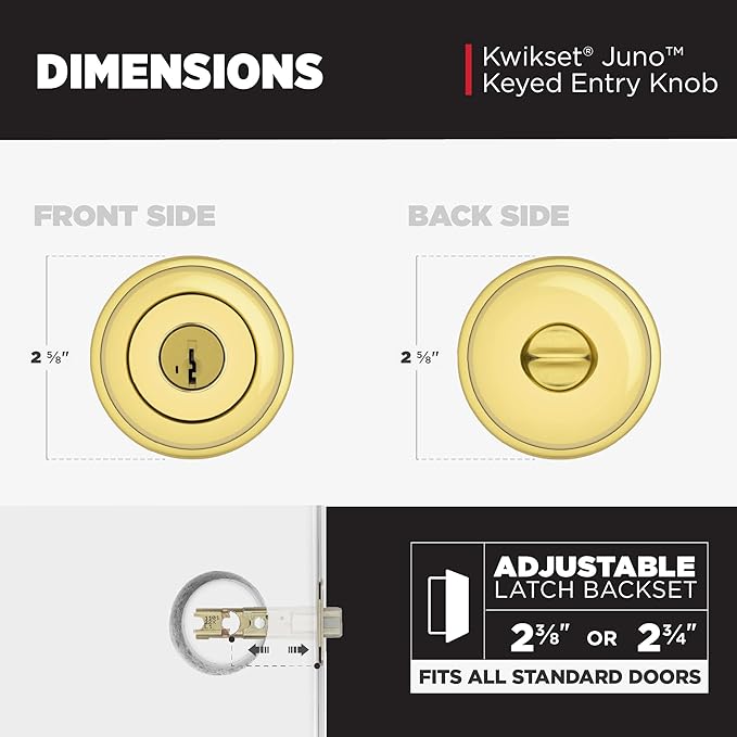 Kwikset Juno Entry Door Knob with Lock and Key, Secure Keyed Handle Exterior, Front Entrance and Bedroom, Polished Brass, Pick Resistant SmartKey Rekey Security
