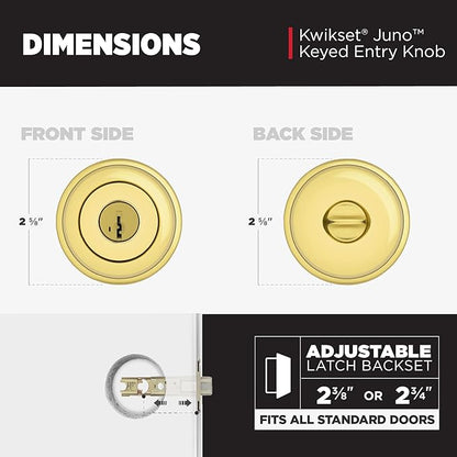 Kwikset Juno Entry Door Knob with Lock and Key, Secure Keyed Handle Exterior, Front Entrance and Bedroom, Polished Brass, Pick Resistant SmartKey Rekey Security