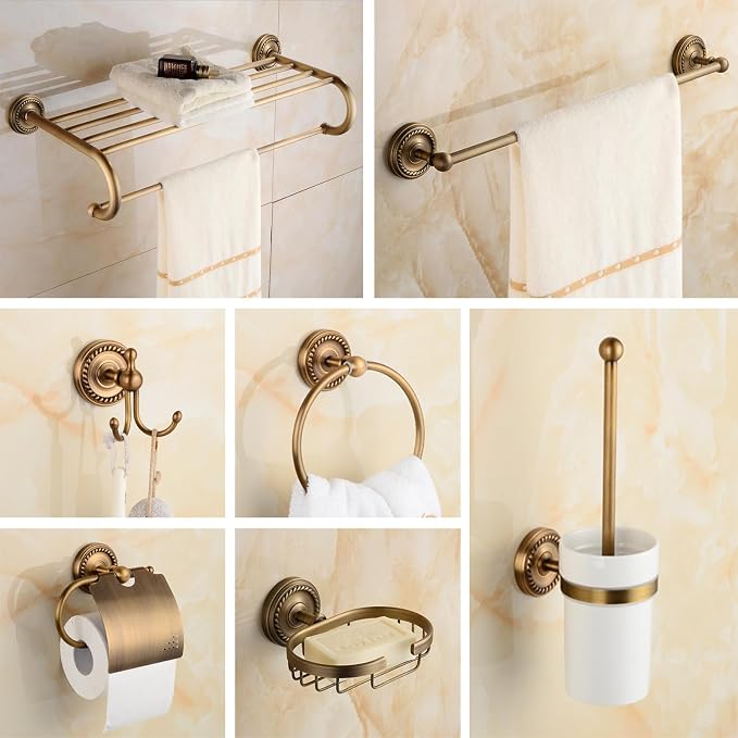 7 Piece Antique Brass Gold Bathroom Accessories Set - TooCust Brushed Brass 24” Double Towel Holder & Towel Bar - Wall Mounted Bathroom Hardware Kit