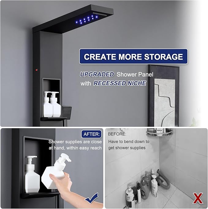 ROVATE Matte Black LED Rainfall Waterfall Shower Panel Tower System with Shelf - Powerful Stainless Steel Shower Column with Mist and Massage Body Jets, Handheld, Waterfall Tub Spout