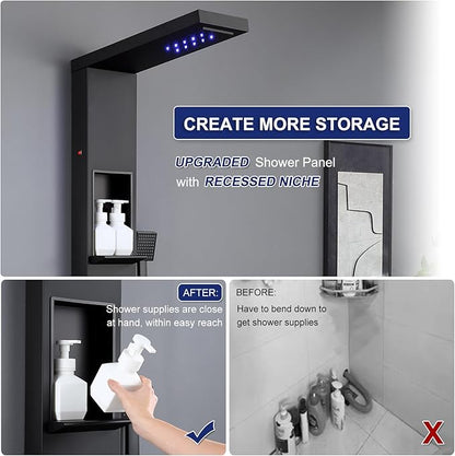 ROVATE Matte Black LED Rainfall Waterfall Shower Panel Tower System with Shelf - Powerful Stainless Steel Shower Column with Mist and Massage Body Jets, Handheld, Waterfall Tub Spout