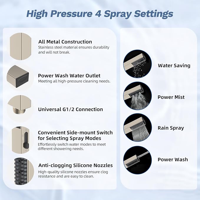 Hibbent 5-spray Filtered Shower Head, 4-Spray Shower Wand, Brushed Nickel | cUPC Certified High Pressure Rainfall Showerhead Combo, All Metal 4-way Diverter Extension Arm & Handheld Spray, 71'' Hose